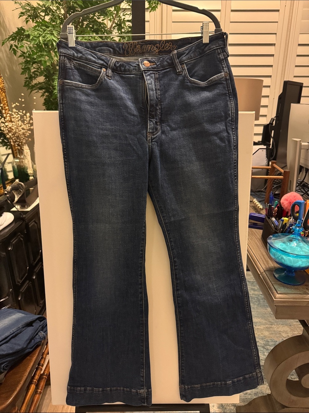 Wrangler Dark Blue Flare Jeans - Women's Wide Leg High rise trousers